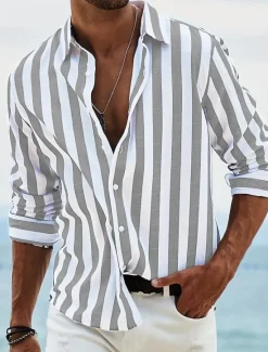 OUKU Men's Shirt Summer Shirt Beach Wear Button Up Shirt Light Pink Black Pink Sky Blue Dark Grey Long Sleeve Striped Collar Vacation Curise Clothing Apparel Fashion Leisure Hawaiian