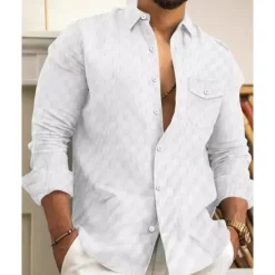 Online OUKU Men's Shirt Summer Shirt Button Up Shirt Casual Shirt Beach Shirt Black White Light Green Sky Blue Dark Green Long Sleeve Plain Lapel Hawaiian Holiday Jacquard Clothing Apparel Fashion Casual