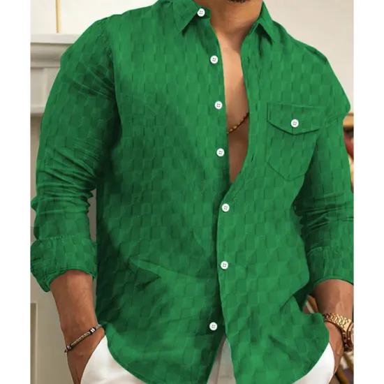 Online OUKU Men's Shirt Summer Shirt Button Up Shirt Casual Shirt Beach Shirt Black White Light Green Sky Blue Dark Green Long Sleeve Plain Lapel Hawaiian Holiday Jacquard Clothing Apparel Fashion Casual