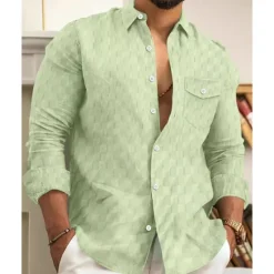 Online OUKU Men's Shirt Summer Shirt Button Up Shirt Casual Shirt Beach Shirt Black White Light Green Sky Blue Dark Green Long Sleeve Plain Lapel Hawaiian Holiday Jacquard Clothing Apparel Fashion Casual