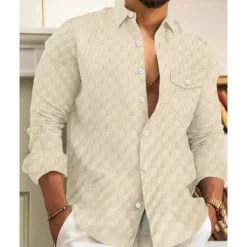 Online OUKU Men's Shirt Summer Shirt Button Up Shirt Casual Shirt Beach Shirt Black White Light Green Sky Blue Dark Green Long Sleeve Plain Lapel Hawaiian Holiday Jacquard Clothing Apparel Fashion Casual