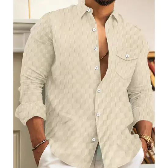 Online OUKU Men's Shirt Summer Shirt Button Up Shirt Casual Shirt Beach Shirt Black White Light Green Sky Blue Dark Green Long Sleeve Plain Lapel Hawaiian Holiday Jacquard Clothing Apparel Fashion Casual