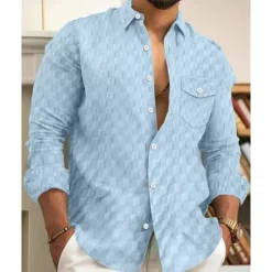 Online OUKU Men's Shirt Summer Shirt Button Up Shirt Casual Shirt Beach Shirt Black White Light Green Sky Blue Dark Green Long Sleeve Plain Lapel Hawaiian Holiday Jacquard Clothing Apparel Fashion Casual