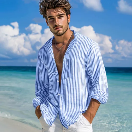 Clearance OUKU Men's Shirt Summer Shirt Beach Wear Button Up Shirt Casual Shirt Striped Shirt Pink Green Dark Gray Light Blue Long Sleeve Plain Band Collar Daily Vacation Splice Clothing Apparel Fashion Casual
