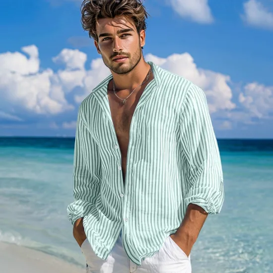 Clearance OUKU Men's Shirt Summer Shirt Beach Wear Button Up Shirt Casual Shirt Striped Shirt Pink Green Dark Gray Light Blue Long Sleeve Plain Band Collar Daily Vacation Splice Clothing Apparel Fashion Casual