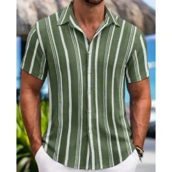 Discount OUKU Men's Shirt Summer Shirt Beach Wear Button Up Shirt Casual Shirt Black Blue Green Short Sleeve Striped Collar Daily Vacation Clothing Apparel Fashion Casual Comfortable