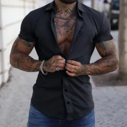 Discount OUKU Men's Shirt Summer Shirt Button Up Shirt grey blue Black White Yellow Pink Short Sleeve Letter Turndown Street Casual Button-Down Clothing Apparel Fashion Casual Comfortable