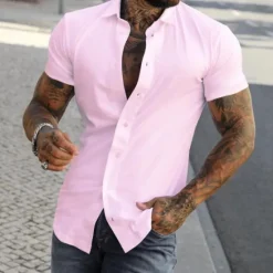 Discount OUKU Men's Shirt Summer Shirt Button Up Shirt grey blue Black White Yellow Pink Short Sleeve Letter Turndown Street Casual Button-Down Clothing Apparel Fashion Casual Comfortable