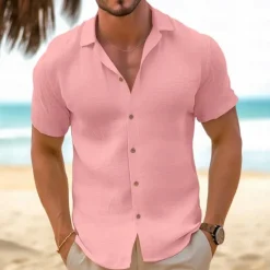 Hot OUKU Men's Shirt Summer Shirt Beach Wear Button Up Shirt Black White Pink Blue Khaki Short Sleeve Plain Lapel Vacation Casual Clothing Apparel Cotton And Linen Fashion Comfortable
