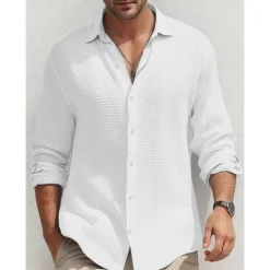 Online OUKU Men's Shirt Summer Shirt Button Up Shirt Casual Shirt Waffle Shirt Black White Blue khaki Long Sleeve Plain Lapel Daily Vacation Clothing Apparel Fashion Casual Comfortable