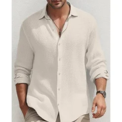 Online OUKU Men's Shirt Summer Shirt Button Up Shirt Casual Shirt Waffle Shirt Black White Blue khaki Long Sleeve Plain Lapel Daily Vacation Clothing Apparel Fashion Casual Comfortable