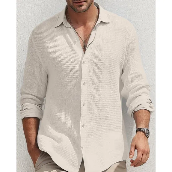 Online OUKU Men's Shirt Summer Shirt Button Up Shirt Casual Shirt Waffle Shirt Black White Blue khaki Long Sleeve Plain Lapel Daily Vacation Clothing Apparel Fashion Casual Comfortable