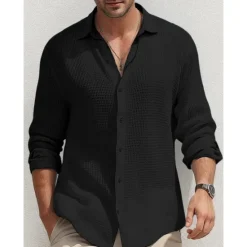 Online OUKU Men's Shirt Summer Shirt Button Up Shirt Casual Shirt Waffle Shirt Black White Blue khaki Long Sleeve Plain Lapel Daily Vacation Clothing Apparel Fashion Casual Comfortable