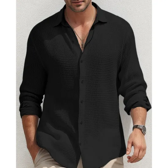 Online OUKU Men's Shirt Summer Shirt Button Up Shirt Casual Shirt Waffle Shirt Black White Blue khaki Long Sleeve Plain Lapel Daily Vacation Clothing Apparel Fashion Casual Comfortable
