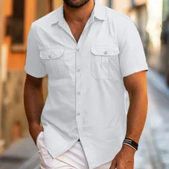 Hot OUKU Men's Shirt Summer Shirt Beach Wear Button Up Shirt Casual Shirt Black White Yellow Blue Dark Green Short Sleeve Solid Color Lapel Daily Vacation Pocket Clothing Apparel Fashion Casual Comfortable