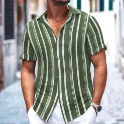 Hot OUKU Men's Shirt Summer Shirt Beach Wear Button Up Shirt Casual Shirt Navy Blue Blue Green Short Sleeve Stripes Lapel Daily Vacation Clothing Apparel Fashion Casual Comfortable