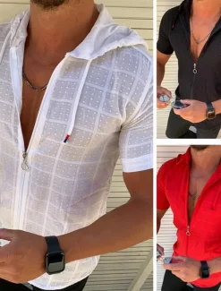 Outlet OUKU Men's Shirt Summer Shirt Beach Wear Casual Shirt Black White Red Orange Green Short Sleeve Plain Solid Colored Hooded non-printing Work Office / Career Clothing Apparel Vacation Simple Casual Daily