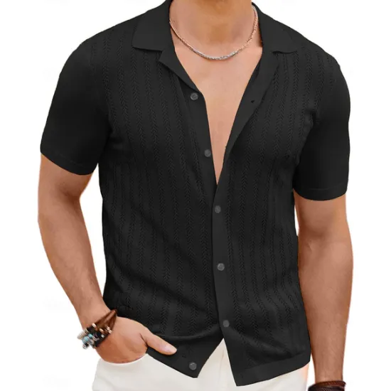 Clearance OUKU Men's Shirt Summer Shirt Button Up Shirt Cardigan Black Yellow Purple Deep Blue Short Sleeves Fashion Lapel Daily Wear Hole Clothing Apparel Modern Contemporary