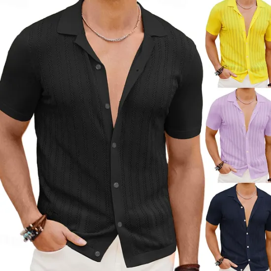 Clearance OUKU Men's Shirt Summer Shirt Button Up Shirt Cardigan Black Yellow Purple Deep Blue Short Sleeves Fashion Lapel Daily Wear Hole Clothing Apparel Modern Contemporary