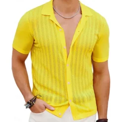 Clearance OUKU Men's Shirt Summer Shirt Button Up Shirt Cardigan Black Yellow Purple Deep Blue Short Sleeves Fashion Lapel Daily Wear Hole Clothing Apparel Modern Contemporary