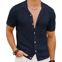 Clearance OUKU Men's Shirt Summer Shirt Button Up Shirt Cardigan Black Yellow Purple Deep Blue Short Sleeves Fashion Lapel Daily Wear Hole Clothing Apparel Modern Contemporary