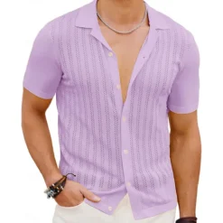 Clearance OUKU Men's Shirt Summer Shirt Button Up Shirt Cardigan Black Yellow Purple Deep Blue Short Sleeves Fashion Lapel Daily Wear Hole Clothing Apparel Modern Contemporary