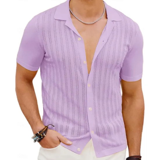 Clearance OUKU Men's Shirt Summer Shirt Button Up Shirt Cardigan Black Yellow Purple Deep Blue Short Sleeves Fashion Lapel Daily Wear Hole Clothing Apparel Modern Contemporary