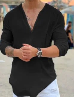 Online OUKU Men's Shirt Summer Shirt Beach Wear Casual Shirt T Shirt Tee Solid Color Outdoor Vacation Black White Blue Khaki Long Sleeve V Neck Summer Clothing Apparel