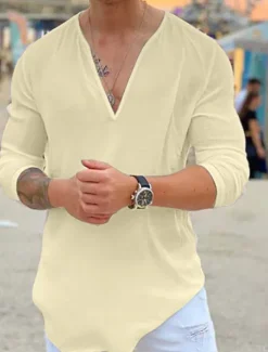 Online OUKU Men's Shirt Summer Shirt Beach Wear Casual Shirt T Shirt Tee Solid Color Outdoor Vacation Black White Blue Khaki Long Sleeve V Neck Summer Clothing Apparel