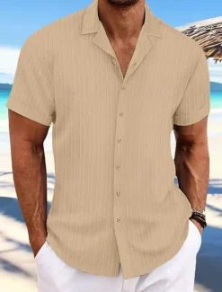 Hot OUKU Men's Shirt Summer Shirt Beach Wear Button Up Shirt Casual Shirt Black White Navy Blue Blue khaki Short Sleeve Stripes Lapel Daily Vacation Clothing Apparel Fashion Casual Comfortable