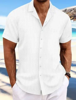 Hot OUKU Men's Shirt Summer Shirt Beach Wear Button Up Shirt Casual Shirt Black White Navy Blue Blue khaki Short Sleeve Stripes Lapel Daily Vacation Clothing Apparel Fashion Casual Comfortable