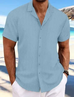 Hot OUKU Men's Shirt Summer Shirt Beach Wear Button Up Shirt Casual Shirt Black White Navy Blue Blue khaki Short Sleeve Stripes Lapel Daily Vacation Clothing Apparel Fashion Casual Comfortable