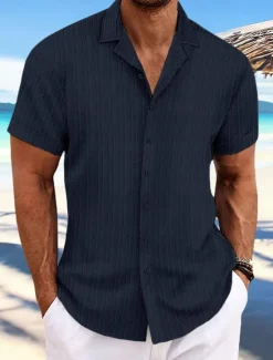 Hot OUKU Men's Shirt Summer Shirt Beach Wear Button Up Shirt Casual Shirt Black White Navy Blue Blue khaki Short Sleeve Stripes Lapel Daily Vacation Clothing Apparel Fashion Casual Comfortable