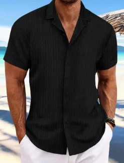 Hot OUKU Men's Shirt Summer Shirt Beach Wear Button Up Shirt Casual Shirt Black White Navy Blue Blue khaki Short Sleeve Stripes Lapel Daily Vacation Clothing Apparel Fashion Casual Comfortable