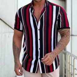 Online OUKU Men's Shirt Summer Shirt Button Up Shirt Black + White + Red Purple Green Short Sleeve Striped Turndown Street Casual Button-Down Clothing Apparel Fashion Casual Comfortable