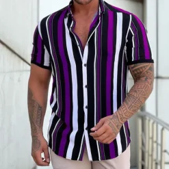 Online OUKU Men's Shirt Summer Shirt Button Up Shirt Black + White + Red Purple Green Short Sleeve Striped Turndown Street Casual Button-Down Clothing Apparel Fashion Casual Comfortable