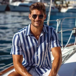 Outlet OUKU Men's Shirt Summer Shirt Button Up Shirt Casual Shirt Blue Short Sleeve Stripes Lapel Daily Wear Vacation Clothing Apparel Fashion Hawaiian Casual Beach Light Blue