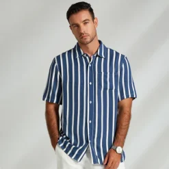 Outlet OUKU Men's Shirt Summer Shirt Button Up Shirt Casual Shirt Blue Short Sleeve Stripes Lapel Daily Wear Vacation Clothing Apparel Fashion Hawaiian Casual Beach Light Blue