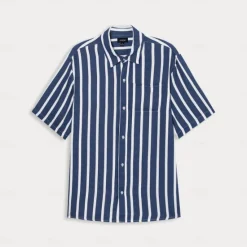 Outlet OUKU Men's Shirt Summer Shirt Button Up Shirt Casual Shirt Blue Short Sleeve Stripes Lapel Daily Wear Vacation Clothing Apparel Fashion Hawaiian Casual Beach Light Blue