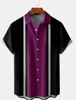 Sale OUKU Men's Shirt Summer Shirt Casual Shirt Bowling Shirt Button Up Shirt Blue Purple Green Light Grey Gray Short Sleeve Color Block Turndown Vacation Street Front Pocket Clothing Apparel Cotton Cotton