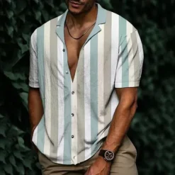 Hot OUKU Men's Shirt Summer Shirt Casual Shirt Beach Shirt Button Up Shirt Striped Shirts Black White Yellow Blue Orange Short Sleeve Stripes Lapel Vacation Hawaiian Clothing Apparel Polyester Fashion Casual