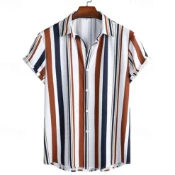 Outlet OUKU Men's Shirt Summer Shirt Casual Shirt Beach Shirt Button Up Shirt Striped Shirts White Blue Brown khaki Short Sleeve Stripes Turndown Vacation Hawaiian Clothing Apparel Polyester Fashion Casual