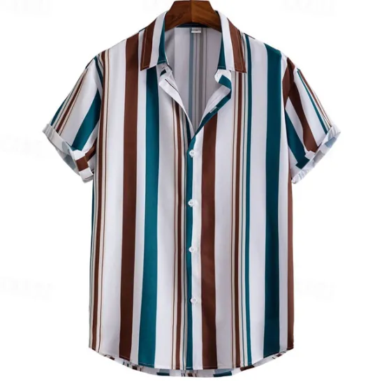 Outlet OUKU Men's Shirt Summer Shirt Casual Shirt Beach Shirt Button Up Shirt Striped Shirts White Blue Brown khaki Short Sleeve Stripes Turndown Vacation Hawaiian Clothing Apparel Polyester Fashion Casual