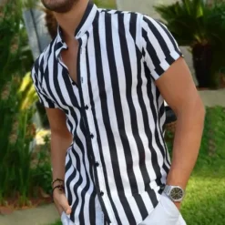 Sale OUKU Men's Shirt Summer Shirt Casual Shirt Beach Shirt Button Up Shirt Striped Shirts Short Sleeve Stripes Grandad Collar Stand Collar Vacation Hawaiian Clothing Apparel Polyester Fashion Casual Black