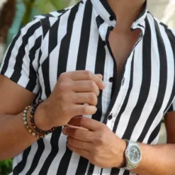 Sale OUKU Men's Shirt Summer Shirt Casual Shirt Beach Shirt Button Up Shirt Striped Shirts Short Sleeve Stripes Grandad Collar Stand Collar Vacation Hawaiian Clothing Apparel Polyester Fashion Casual Black