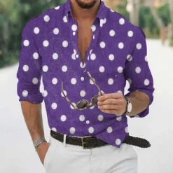 Discount OUKU Men's Shirt Summer Shirt Casual Shirt Beach Shirt Button Up Shirt Blue Purple Long Sleeve Dot Lapel Vacation Hawaiian Clothing Apparel Polyester Fashion Casual Comfortable