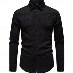 Online OUKU Men's Shirt Summer Shirt Casual Shirt Beach Shirt Button Up Shirt Black White Long Sleeve Plain Lapel Vacation Hawaiian Jacquard Clothing Apparel Polyester Fashion Casual Comfortable