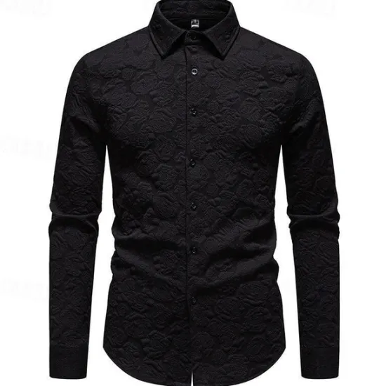 Online OUKU Men's Shirt Summer Shirt Casual Shirt Beach Shirt Button Up Shirt Black White Long Sleeve Plain Lapel Vacation Hawaiian Jacquard Clothing Apparel Polyester Fashion Casual Comfortable
