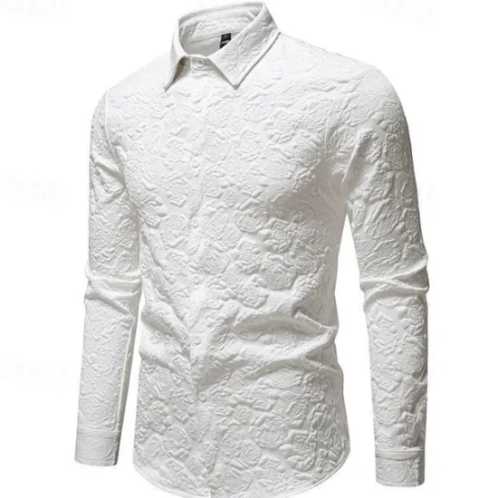 Online OUKU Men's Shirt Summer Shirt Casual Shirt Beach Shirt Button Up Shirt Black White Long Sleeve Plain Lapel Vacation Hawaiian Jacquard Clothing Apparel Polyester Fashion Casual Comfortable