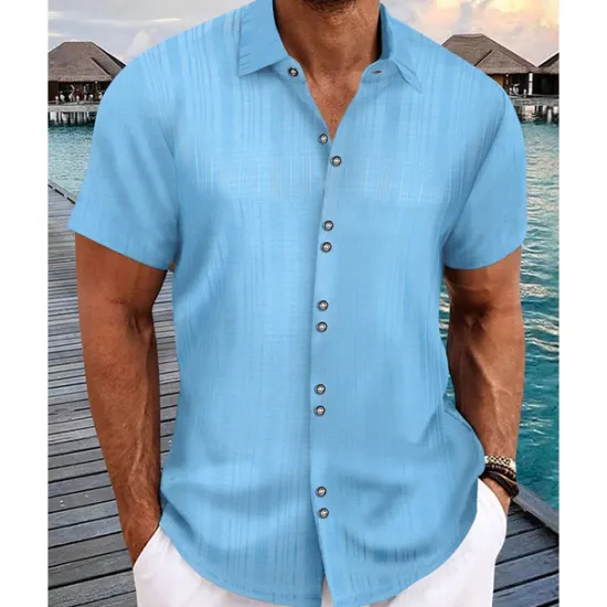 Online OUKU Men's Shirt Summer Shirt Casual Shirt Beach Shirt Button Up Shirt Black White Navy Blue Sky Blue khaki Short Sleeve Plain Lapel Vacation Hawaiian Buttons Clothing Apparel Polyester Fashion Casual